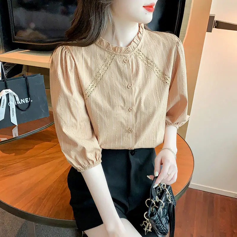 جديد الصيف النمط الفرنسي الخشب الفطريات الرقبة فضفاضة القطن المرأة قميص مزاجه خمس نقاط كم بلون أعلى