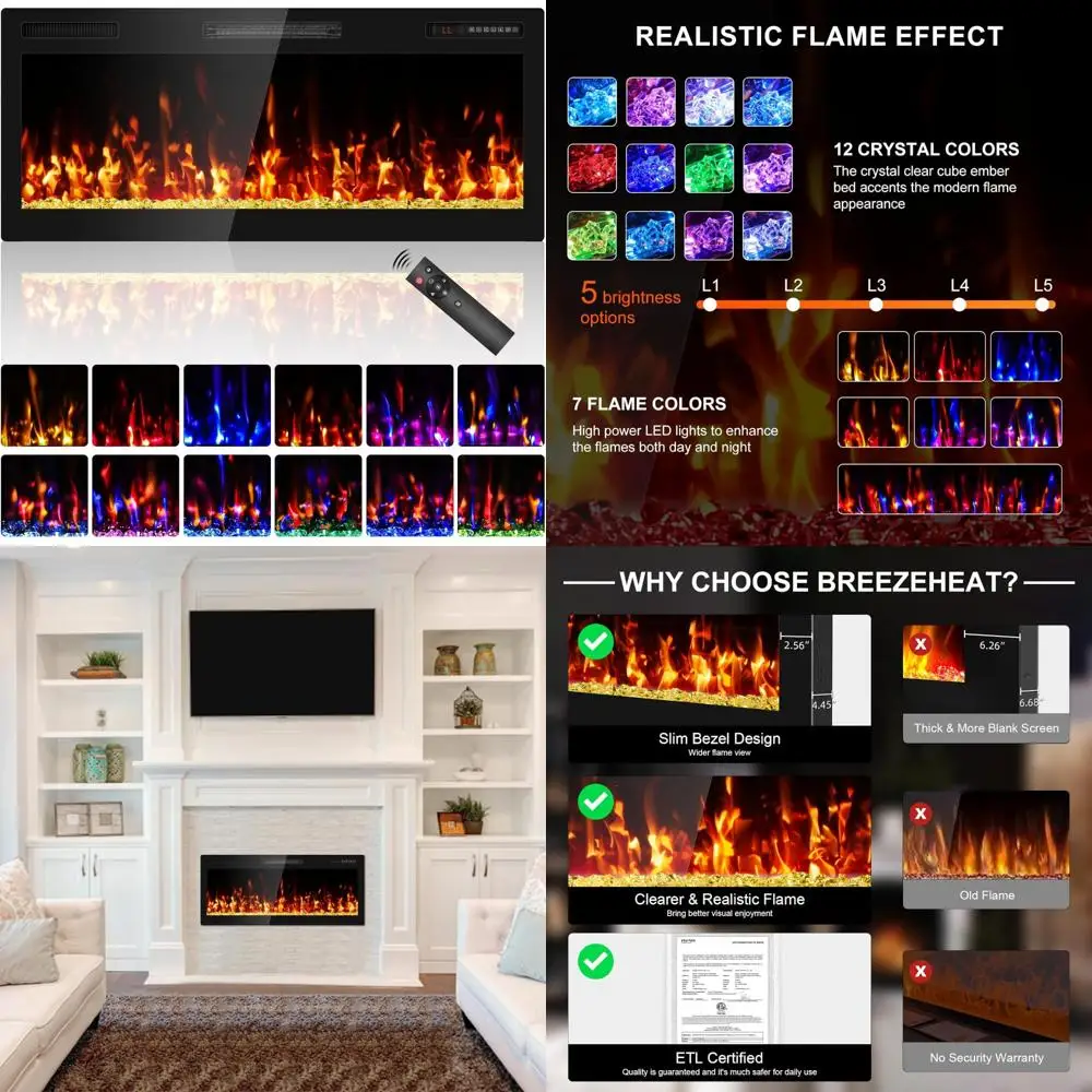 Narrow Bezel Linear Electric Fireplace - ETL Certified, Wall-Mounted, High Definition Flame, Crystals, Remote and Touch Controls