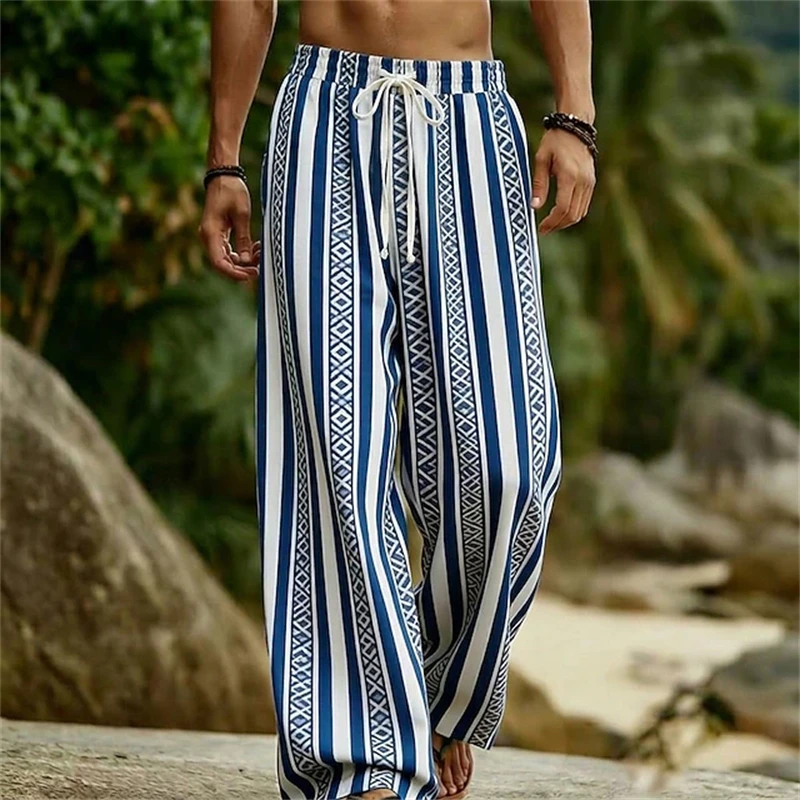 Men's Tribal-Style Geometric Vertical-Striped Drawstring Wide-Leg Pants Relaxed-Fit Casual Pants for The Beach and Everyday Wear