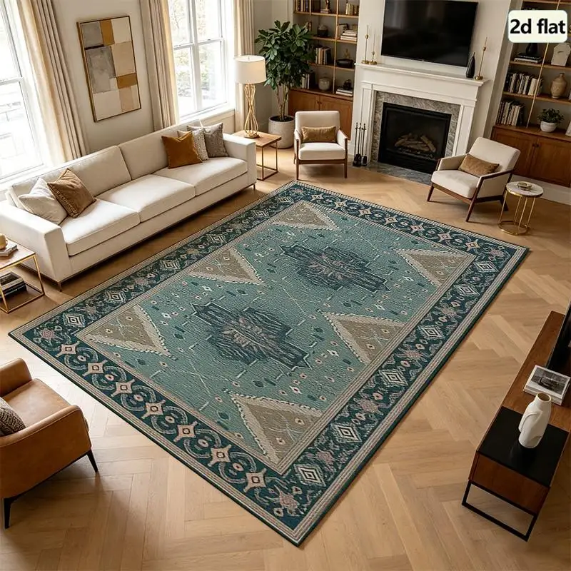 [2D Flat] 1PC Geometric Tribal Patterned Area Rug Teal And Beige Dining Room Rug College Dorm Rugs Tiger Rugs For Living Room Washable Boho Rug Rustic Home Decor Patio Entryway Office