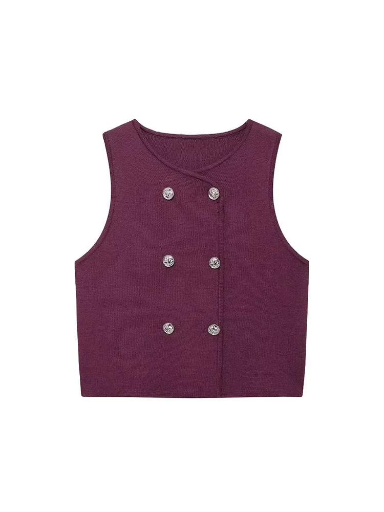 Willshela Women Fashion Solid Double Breasted Knitted Vest Vintage O-Neck Sleeveless Female Chic Lady Tank Tops