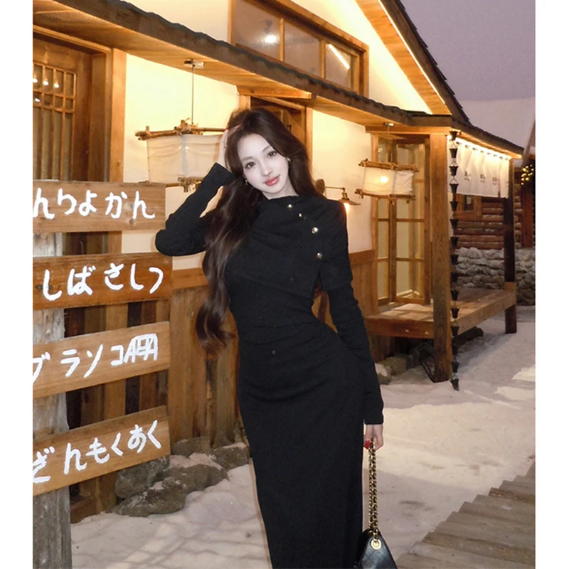 Abito longuette lavorato a maglia nero vintage da donna elegante abito maglione patchwork da festa abiti invernali coreani a maniche lunghe aderenti