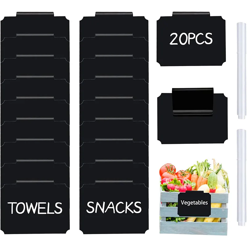 12/20 Basket Labels Clip On, Reusable Labels for Storage Bins, Removable Chalk Labels with 2 White Chalk Markers-Wet Erase