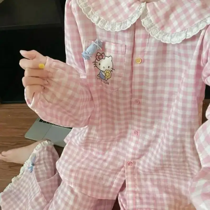 

Милый пижамный комплект Hello Kitty для женщин Sanrio, осенние брюки с длинными рукавами, японский хлопковый пуловер, свободный комплект домашней одежды для девочек