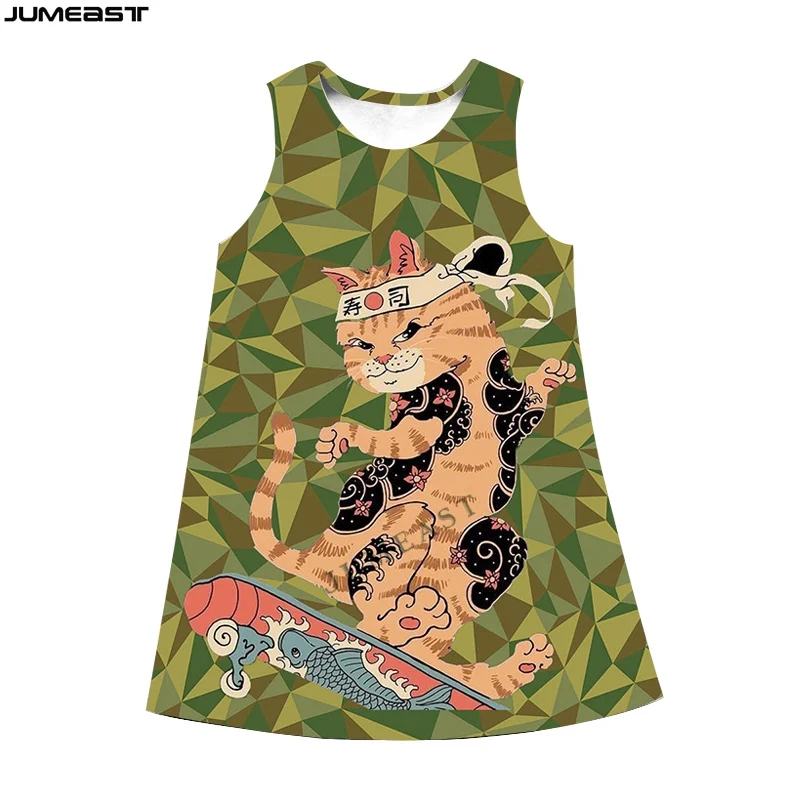 

Jumeast Y2k Women 3D Printed Dresses Hip Hop Japanese Samurai Cat Camouflage Summer Sleeveless Dress Suspender Nightdress