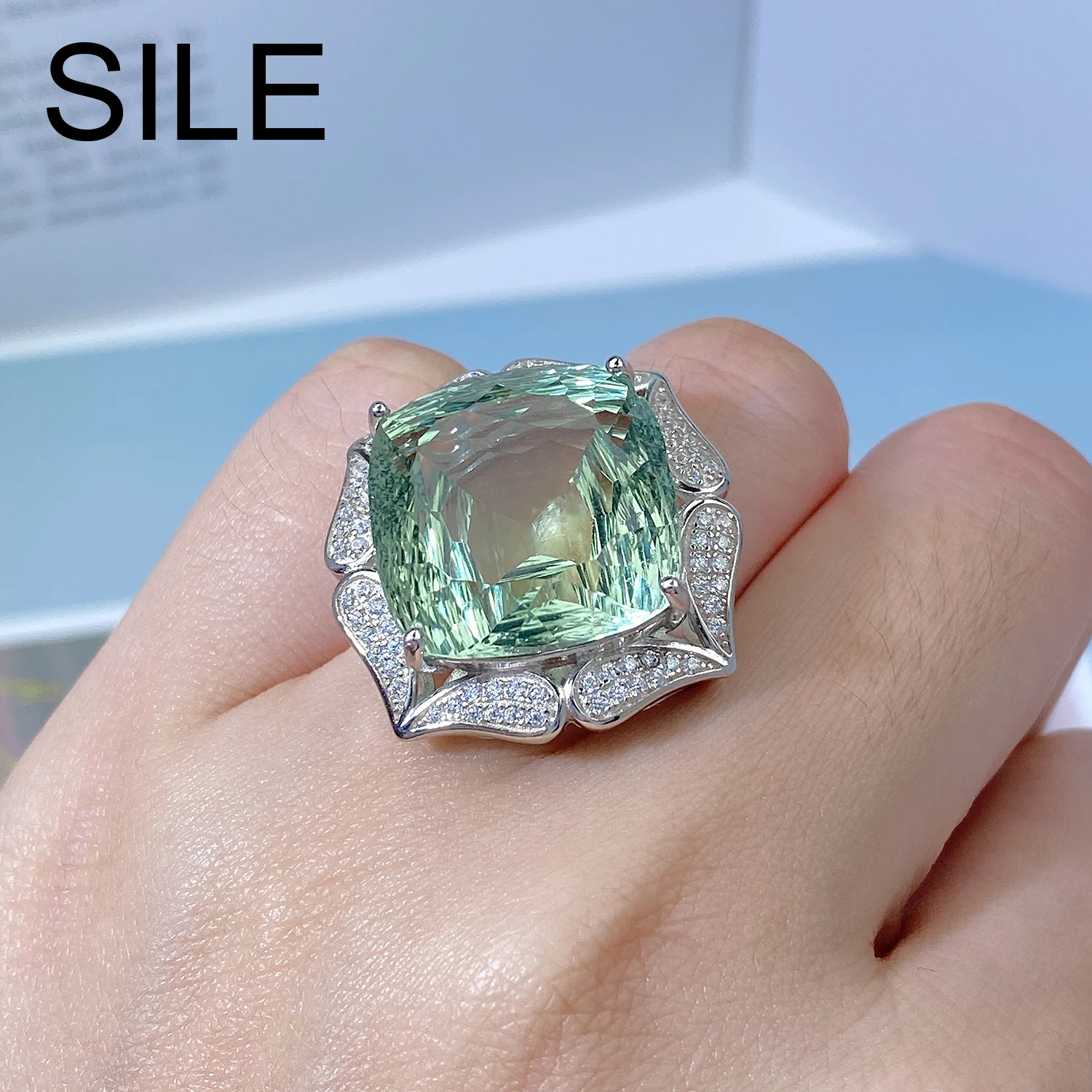 

SILE 17MM Green Amethyst Rings 925 Sterling Silver Jewelry Natural Big Gemstones Women Wedding Party Engagement Ring Luxury Ring