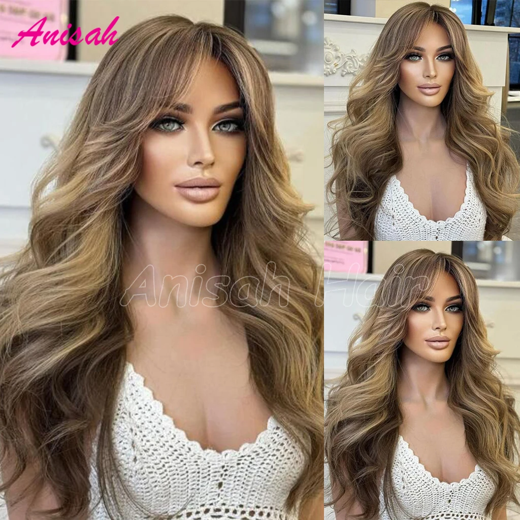 

Brown Highlight Wig Human Hair Lace Front Wig Preplucked Wavy Lace Frontal Human Hair Wig Glueless Colored Wig For Women