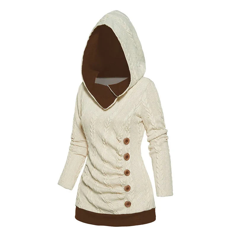 Dressfo Women's Sweaters Hoodie Tops Cable Knit Sweater Mock Button Hooded Sweater Two Tone Color Long Sleeve Sweater