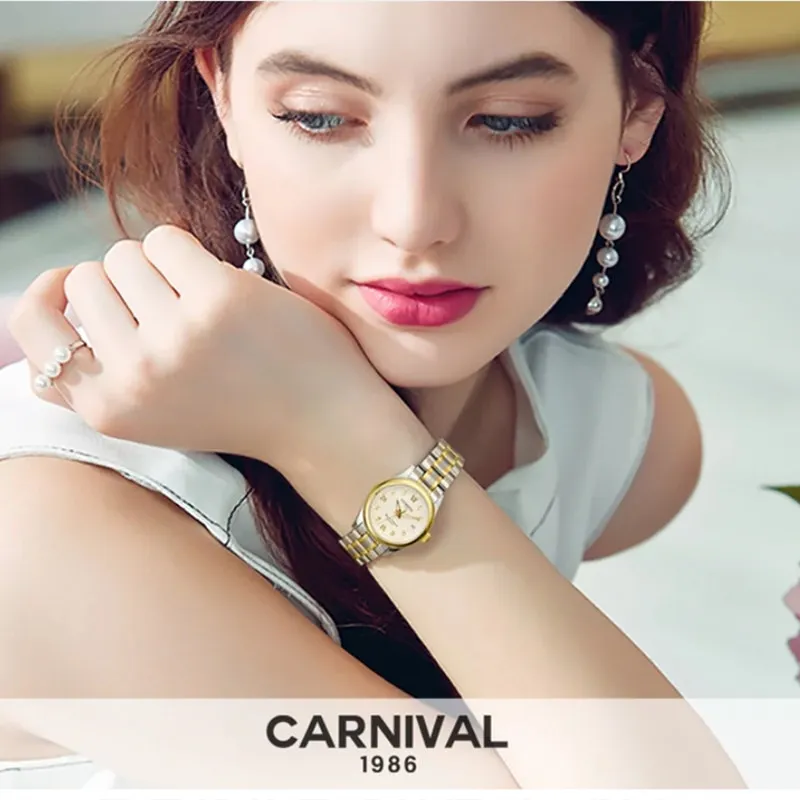 Carnival-reloj automático de zafiro para mujer, pulsera de acero de lujo, resistente al agua, mecánico