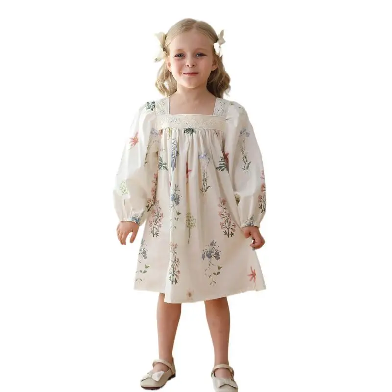 2024 Autumn Style Printed Flower Lace Square Neck Girls\' Dress Kids Wear Bubble Long Sleeved Children\'s Princess Dress