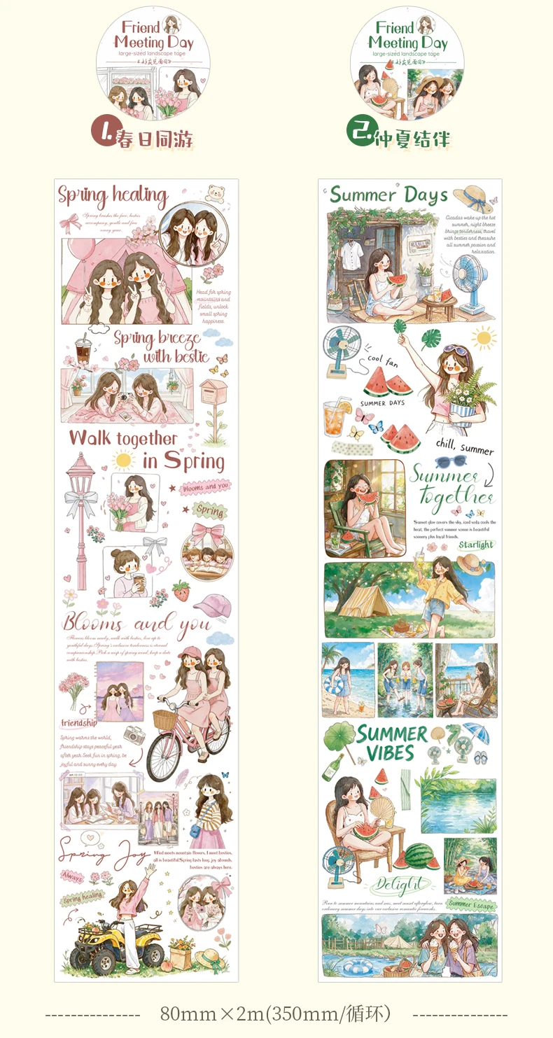 Journal GO 8cmx2m Washi Tape Sticker Set – Cute Friends Objects & Words Decals for Journaling Scrapbooking and DIY Card Crafts