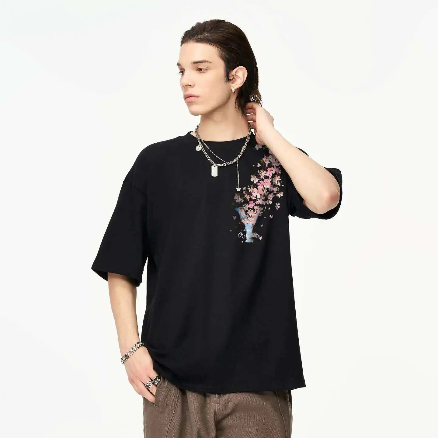 Streethand-drawn Cherry Blossom Color-coordinated Brand Letter Loose Print Men's and Women's Same-style Short-sleeved T-shirt