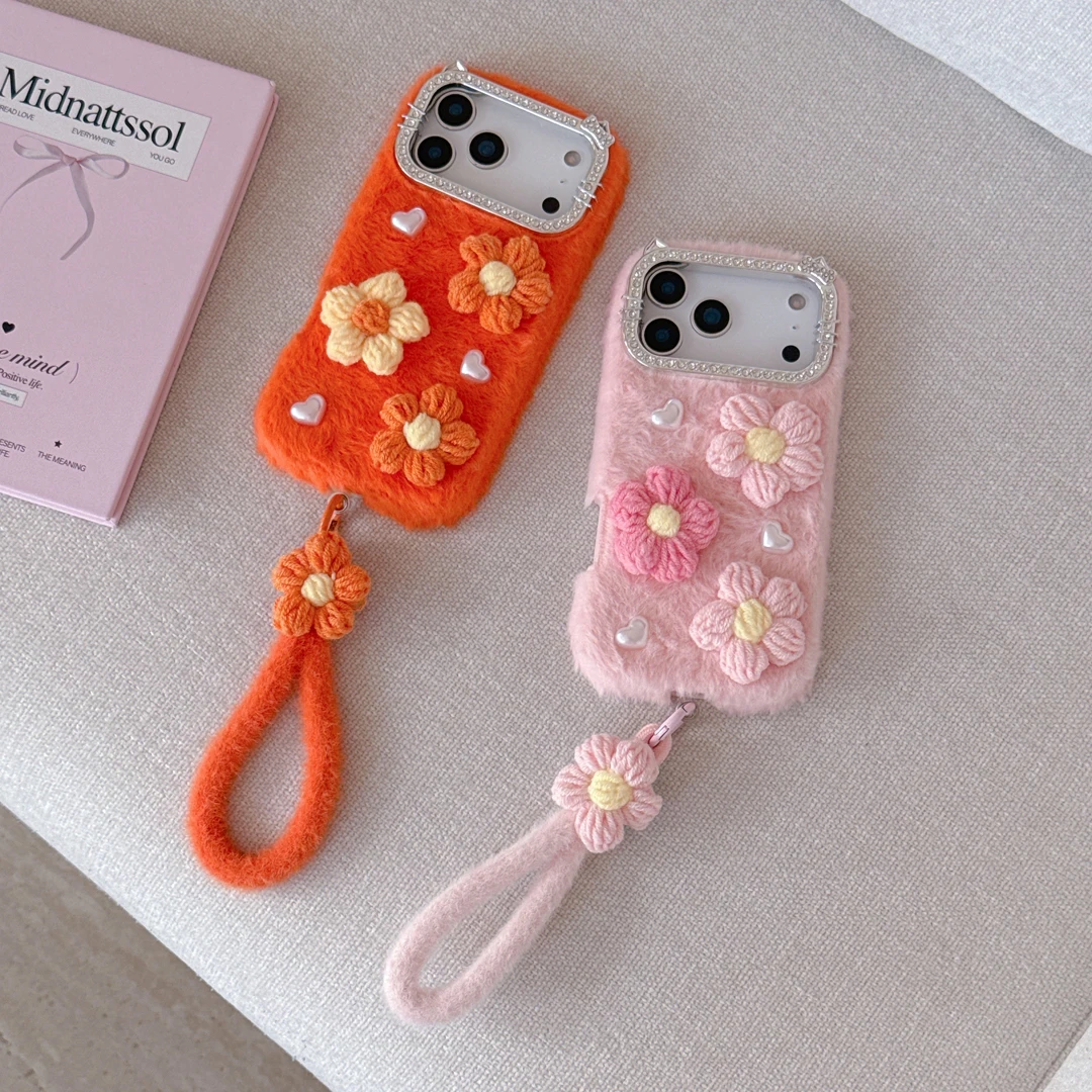 

Autumn Winter Lanyard Cute Pearl Flower Plush Case For iPhone 13 14 15 16 17 Pro Max Plus Shockproof Shell Fluffy Phone Cover