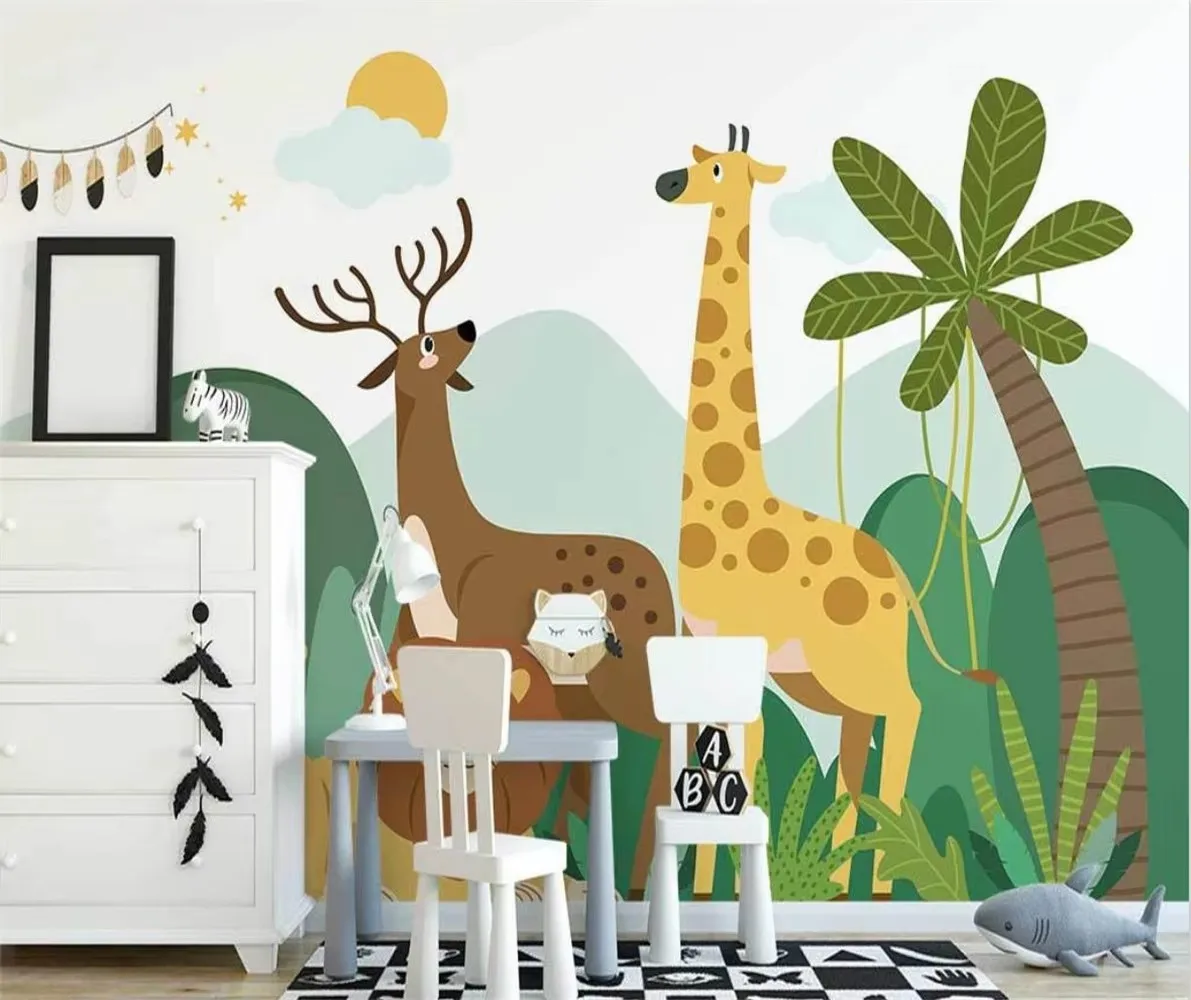 Custom wallpaper cartoon forest small animals children's room background wall home decoration giraffe lion mural 3d wallpaper