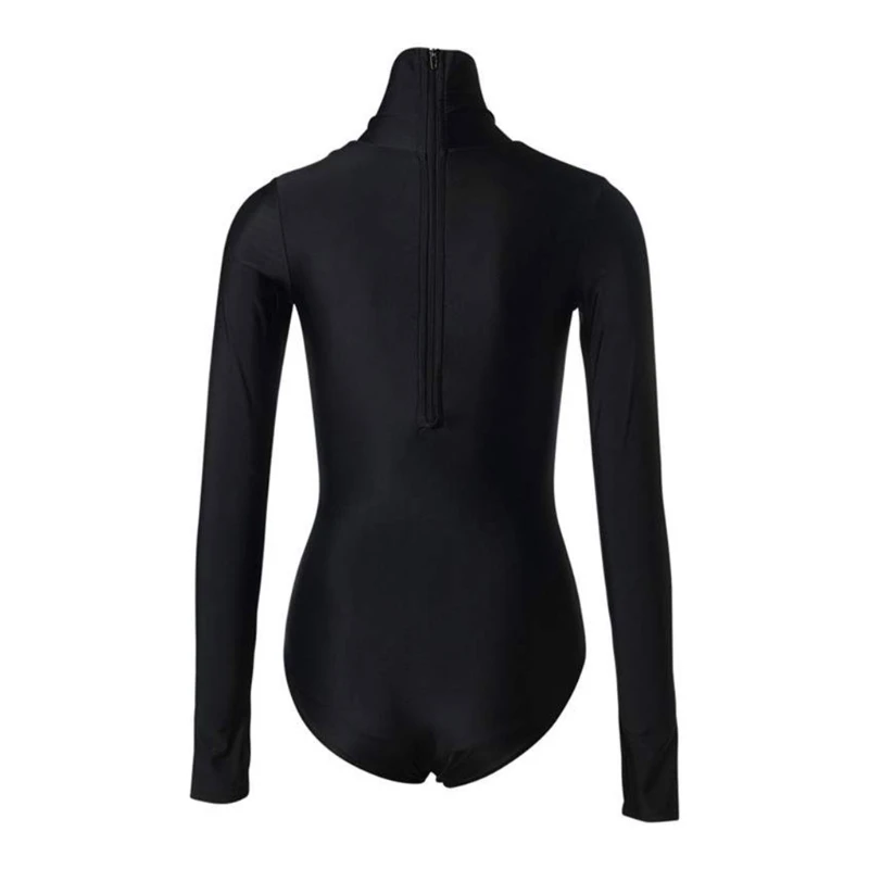 Women Sexy One-Piece Swimsuit Rash Guard Turtleneck Zipper Thumbhole Long Sleeve Monokini Black Diving Bathing Suit