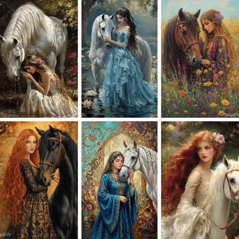 Full Diamond Painting Beautiful Woman with White Horse Full Square Round Diamond Embroidery DIY Classical Mosaic Handicraft