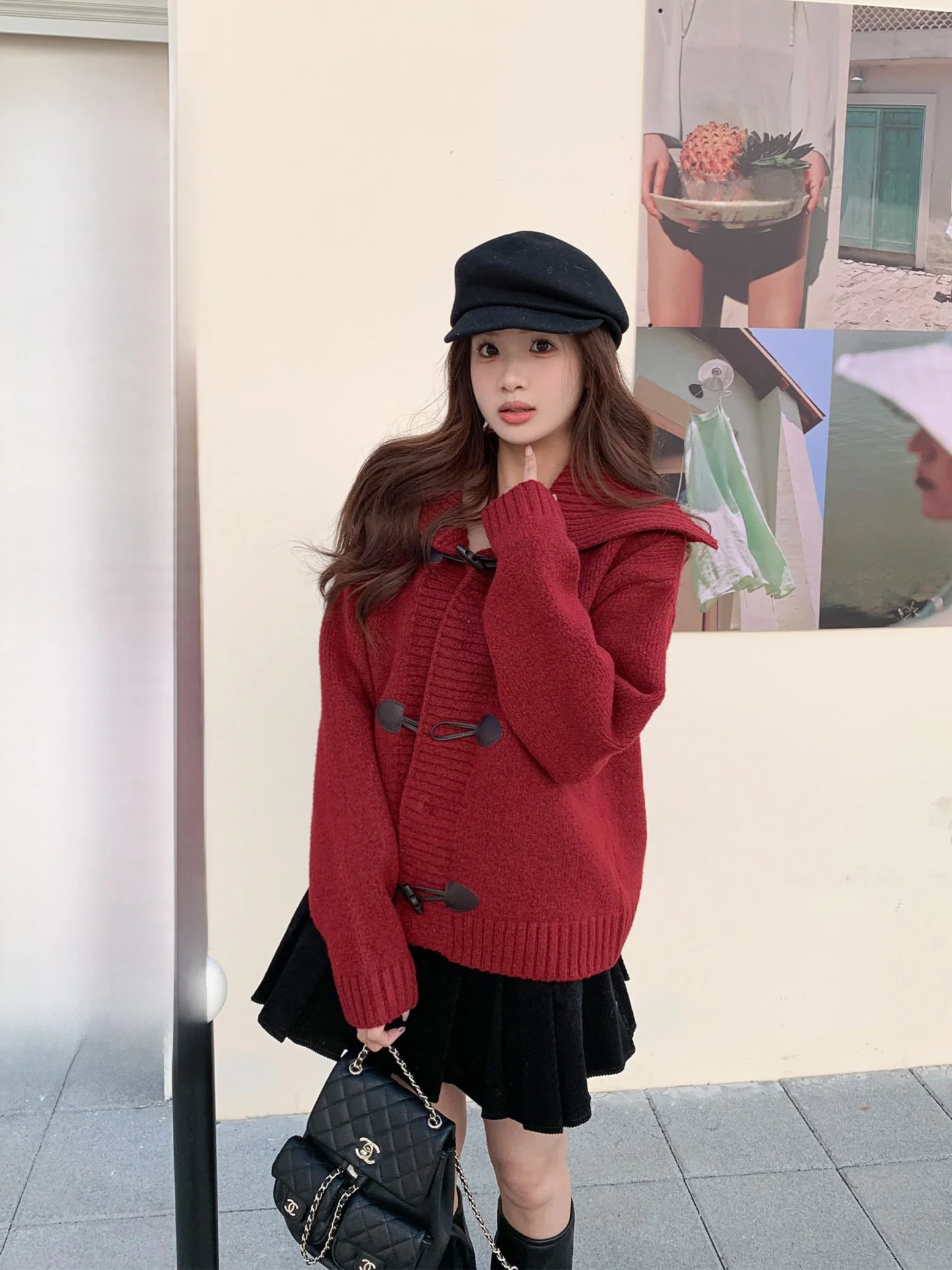 

Red Knitted Loose Women's Sweater Coat Vintage Style Button up Cardigan Winter Warm Outerwear for New Year's Celebration