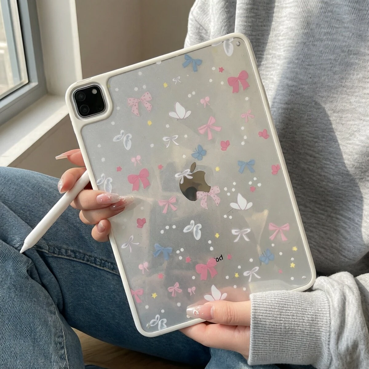 Ins Colorful Ribbon Bow Transparent Back Cover For iPad Pro 13 11th M5 M4 12.9 A16 10 8 7 9th 10th Air 11 M2 M3 Mini Tablet Case