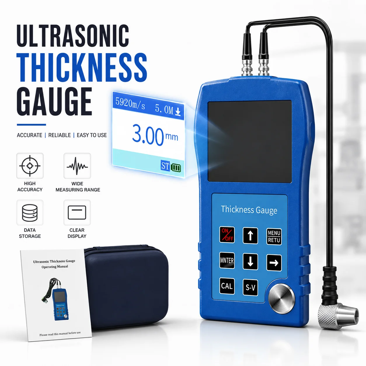 Portable Ultrasonic Thickness Tester 0.9-300mm, 2.3 Inch LCD Color Screen Wall Metal Thickness Gauge, Non-Destructive Measuring