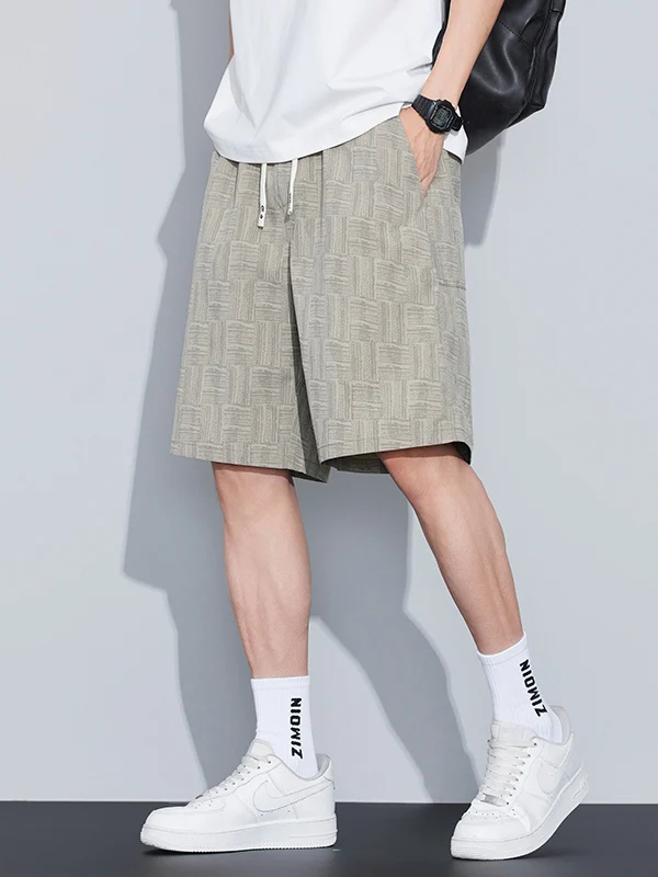 

Summer Plaid Casual Men's orts Ice Silk Loose Qui Dry Sports Five-Quarter Length Straight Leg Elastic Waisand