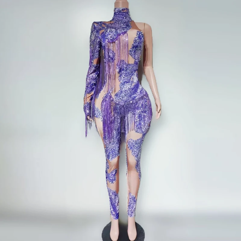 セクシーなポールダンス衣装女性ゴーゴーダンサー衣装片袖ラインストーンフリンジボディスーツハロウィンステージパーティードレス XS9994
