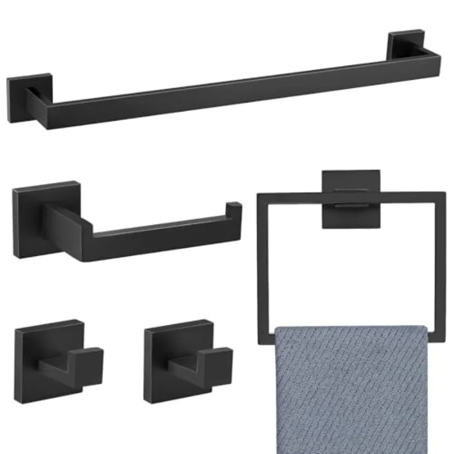 

5 Pieces Bathroom Hardware Accessories Set Black Towel Bar Set Towel Holder Racks Set for BathroomSUS304 Stainless Steel Wall