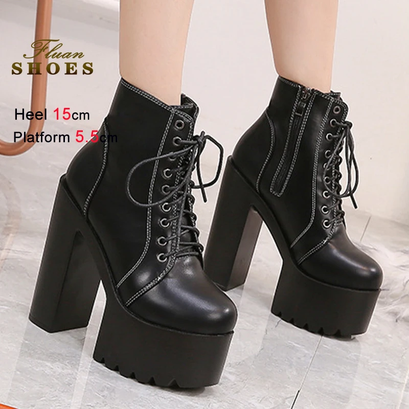 

2025 Ботинки на грубом каблуке Женские полусапожки на очень высоком каблуке 15 см на толстой платформе Женские ботильоны на шнуровке Римская женская обувь