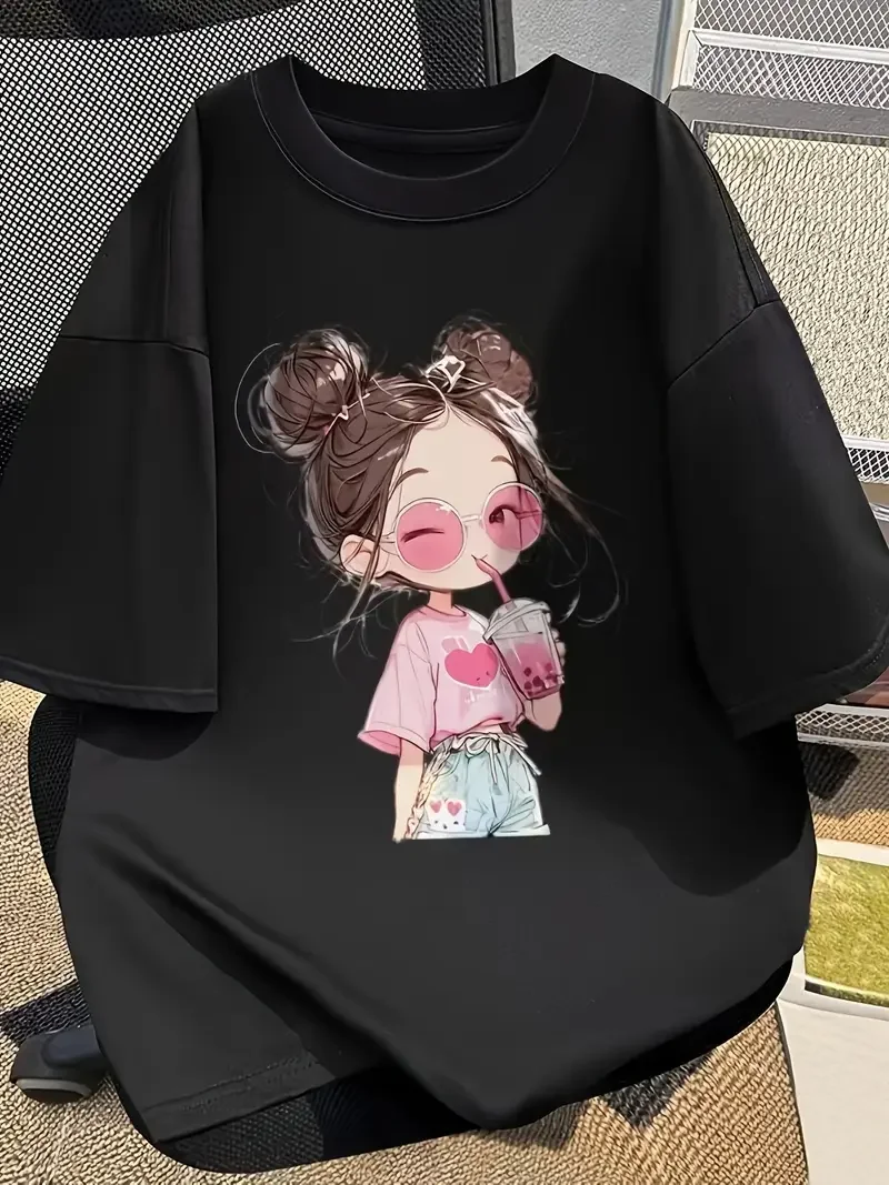 

Plus - Size Women's Short - Sleeve T - shirt, Cute Cartoon Girl Print, Sweet & Trendy