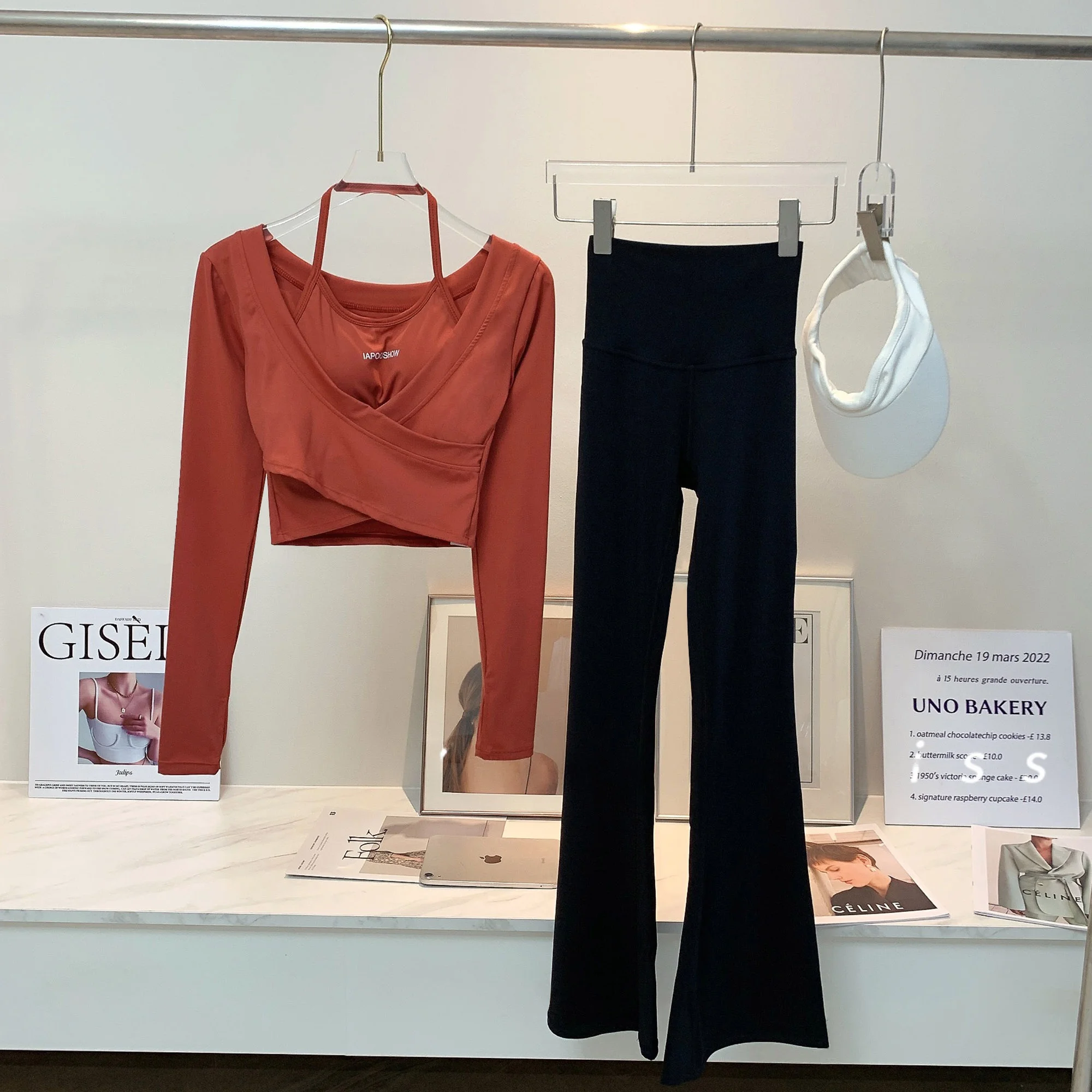 

Long Sve Ne Hanging Yoga Outfit High Waist Flared Pants Nylon Fabric Faionable Women's Set Winter Collection