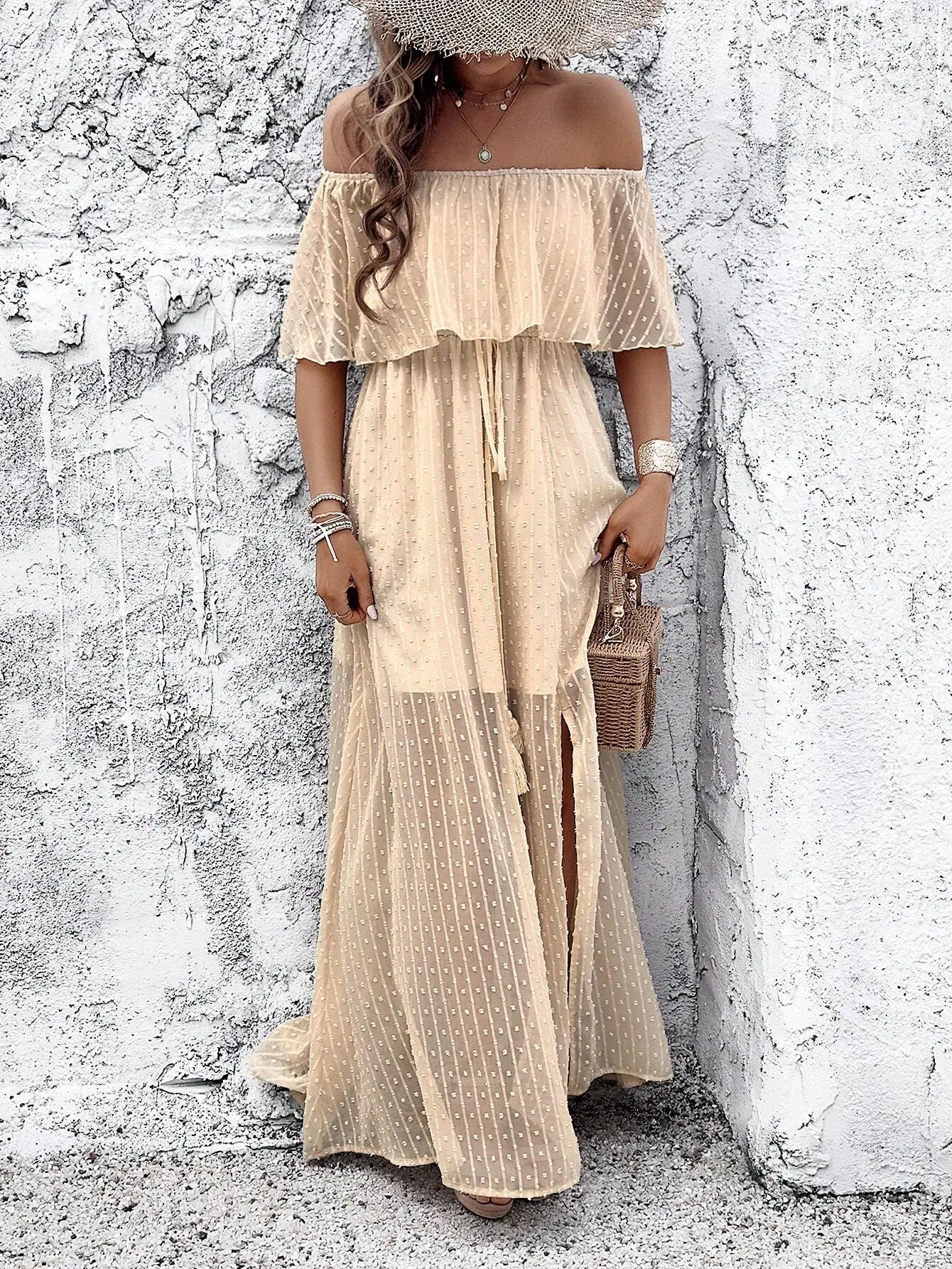 

Women Off Shoulder Swiss Dot High Slit Maxi Dress Beach Vacation Outfit