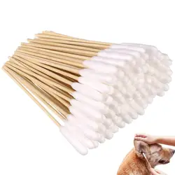 Bastoncillos de algodón para limpieza de oídos de mascotas, palitos largos multiusos con mango de madera para gatos y perros, 100 piezas