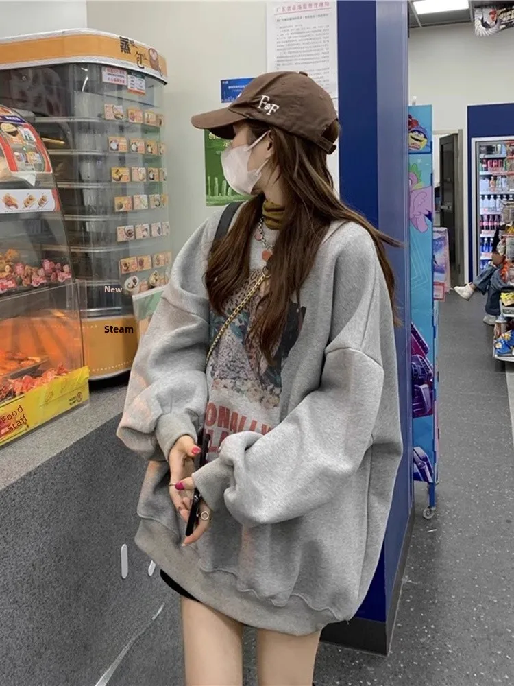 

Женская толстовка оверсайз с длинным рукавом, на флисовой подкладке, утепленная, для полных женщин (до 136 кг), осенне-зимняя, свободного кроя, в стиле кэжуал, верхняя одежда