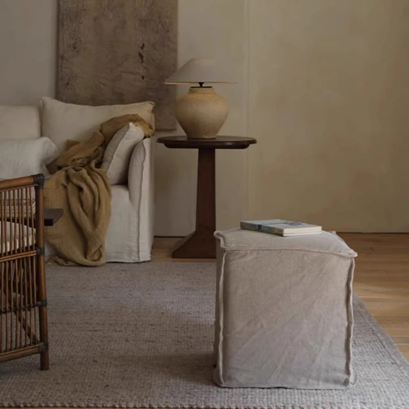 Wabi-Sabi Style Linen Fabric Square Ottoman Footstool Removable Cover Modern Home Decor Guest House