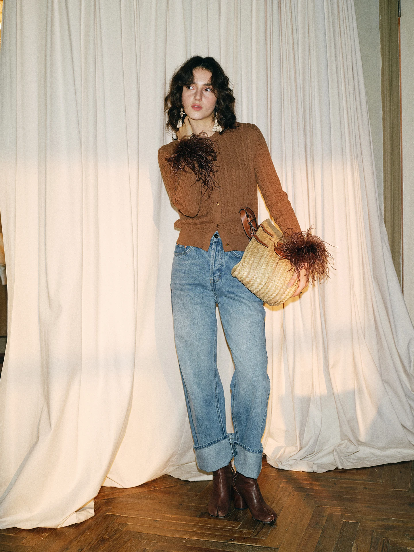 

Модные винтажные джинсы с прямыми штанинами и диагональным узором, хлопковые, с застежкой на пуговицах, осенние, женские