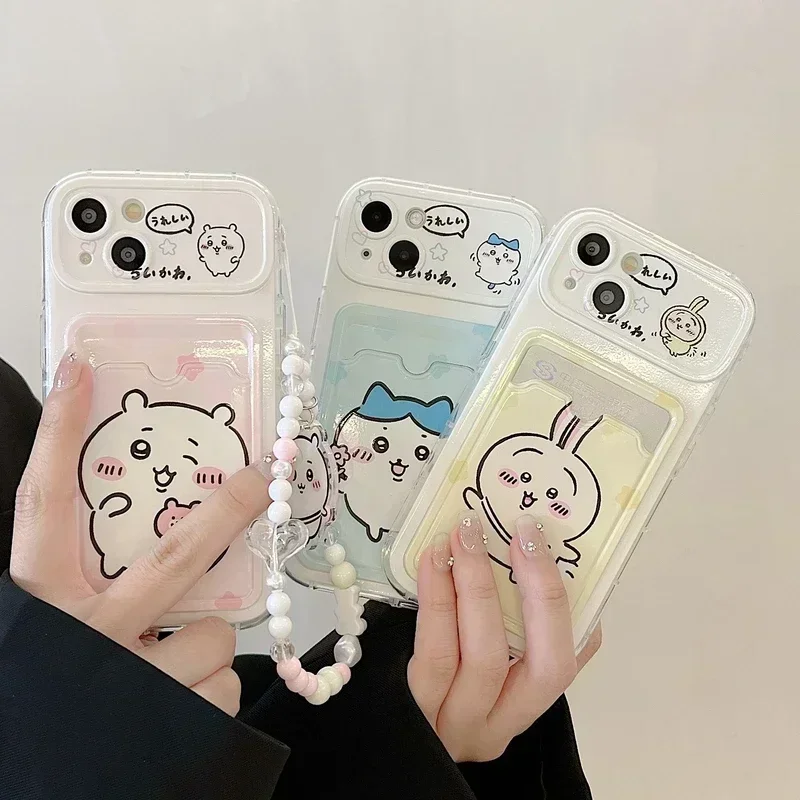 Cute Cartoon Japan Anime Sanrio Chiikawa Card Wallet Pocket Phone Case For iPhone 16 15 14 13 12 11 Pro Max Cover With Lanyard