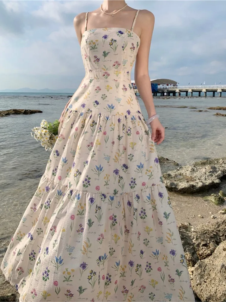 New Spaghetti Strap Elegant Women Summer Dress Sleeveless Vintage A-Line Floral Print Midi Party Beach Robe Female Slim Vestidos