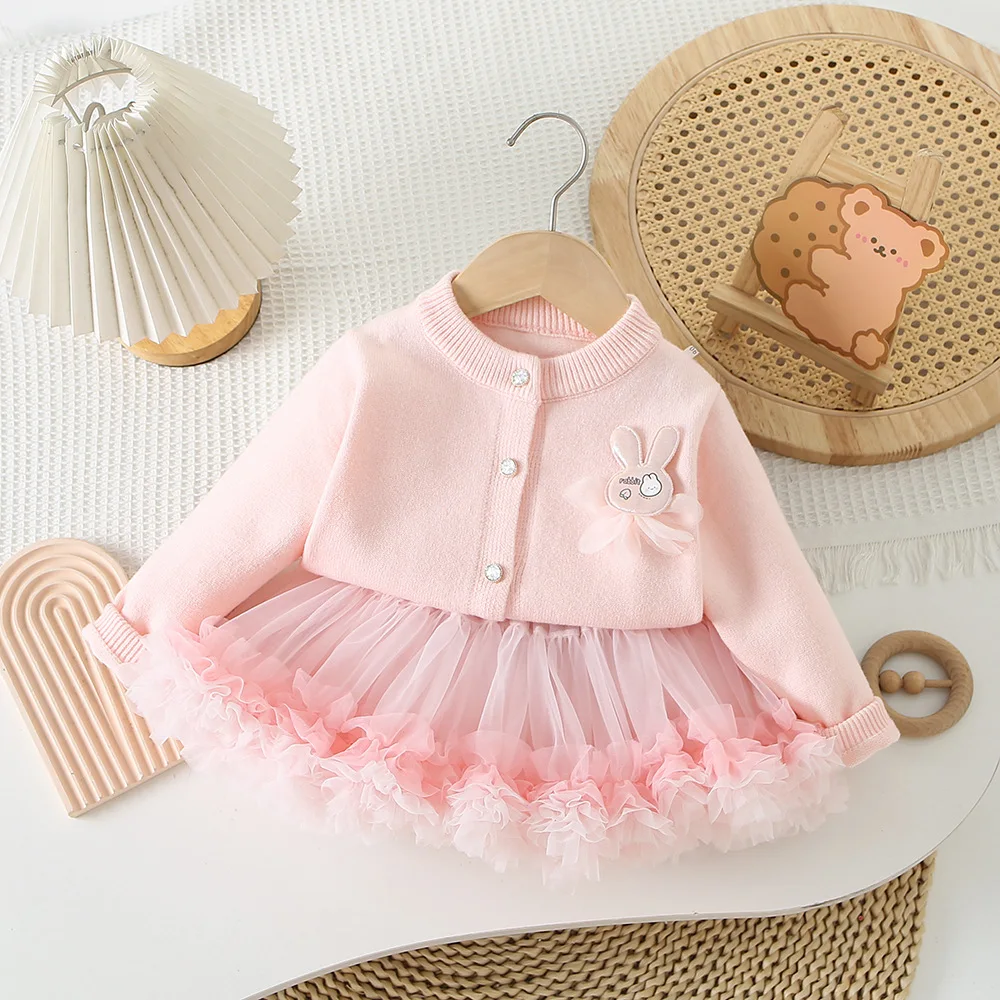 

Girls Knitted Clothes Sets Spring Autumn Children Woolen Jersey Sweaters Coats Skirts Princess Dress Suit For Baby Outfits Kids