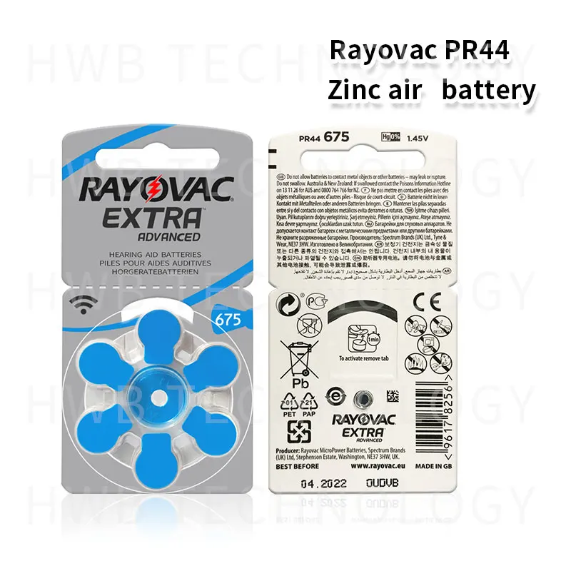 60PCS/lot Rayovac Hearing Aid Battery 675 1.4V Zinc Air Button Cell A675 E675 PR44 DA675 PR675H AC-675E AC675 B675PA