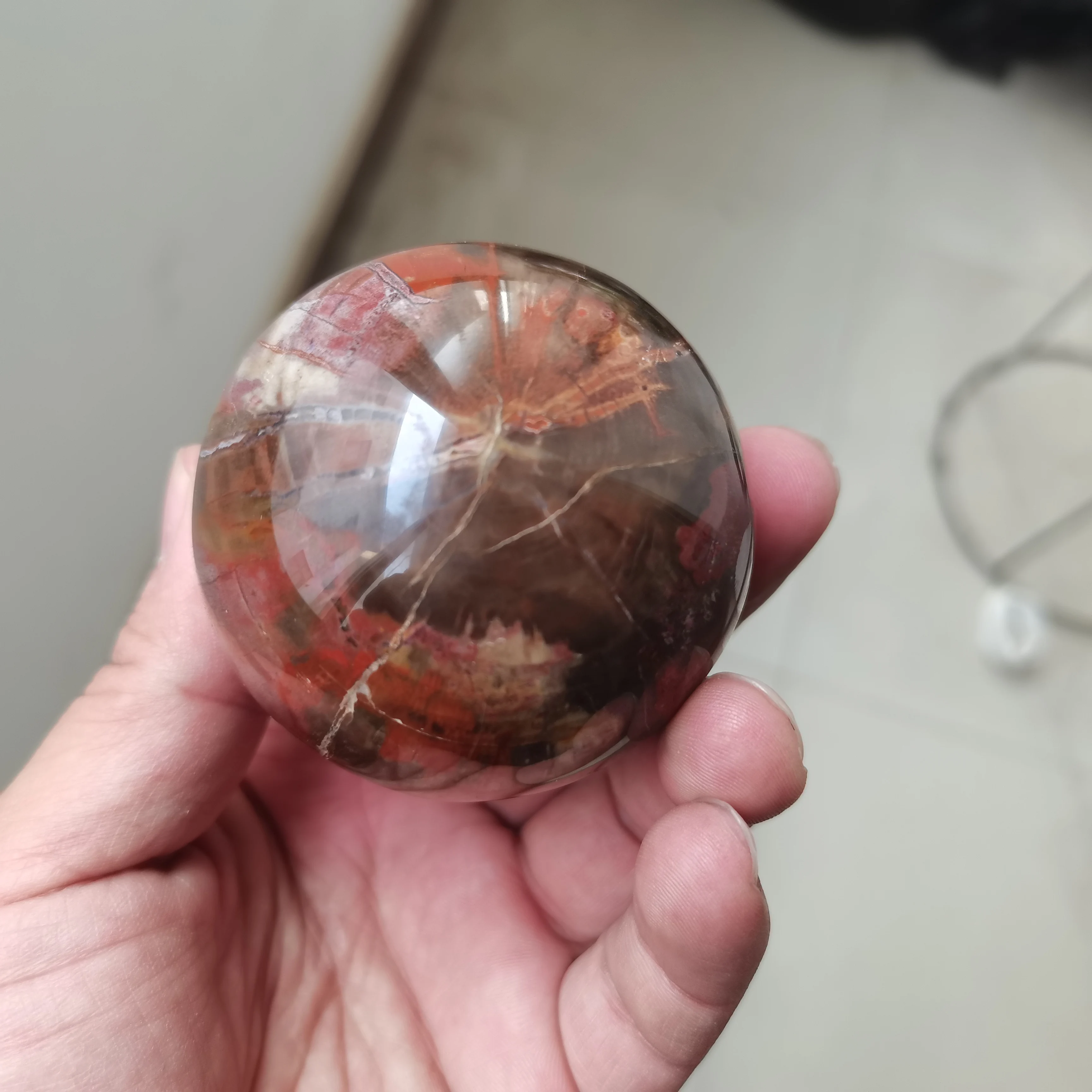 

70mm Red Rose Petrified Wood Sphere Fossil Agate Quartz Crystal ball Madagascar with Wooden Base Figurine Decorative Art for 1PC