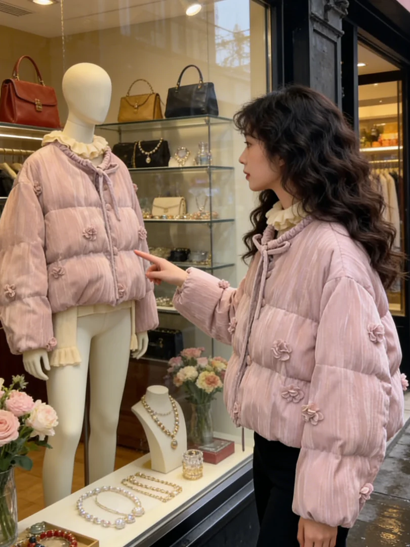 

Adorable Pink ort Thiened Warm Cotton Jaet Korean Sle Winter Coat Non-Hooded Long Sve Single Button Closure Pure C...