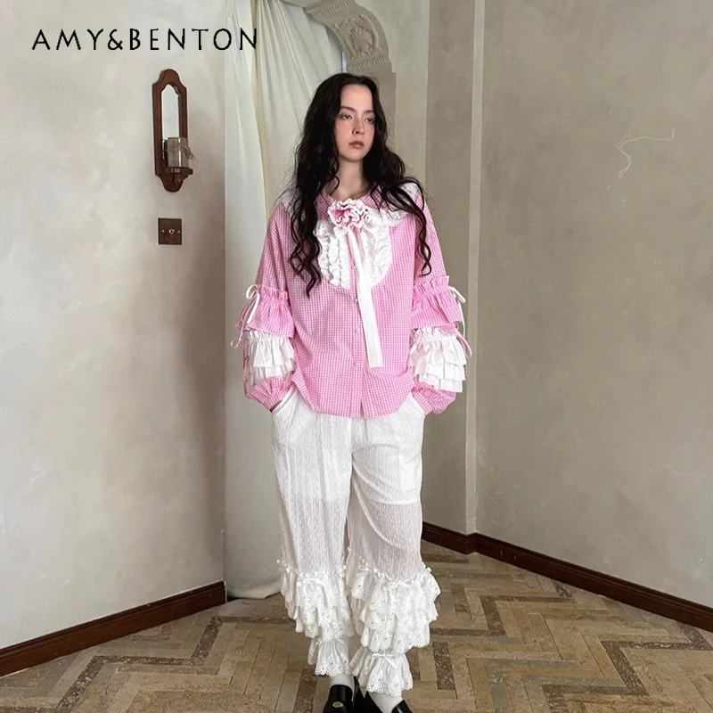 

French Summer White Multi-layer Lace Bow Cute Bubble Women's Pants Original Lace Hollow out Loose Elastic Waist trousers ladies