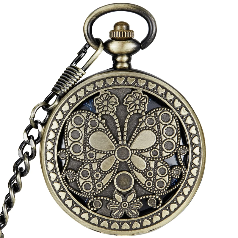 Luxury Butterfly Stainless Steel Men Vintage Pocket Watch Skeleton Dial Hand Wind Mechanical Male Fob Chain Pendant Clock Watch