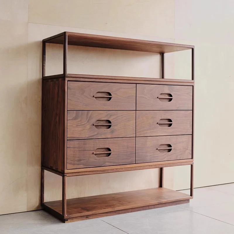 

New Chinese black walnut side cabinet, modern simple solid wood six-chest cabinet, living room locker