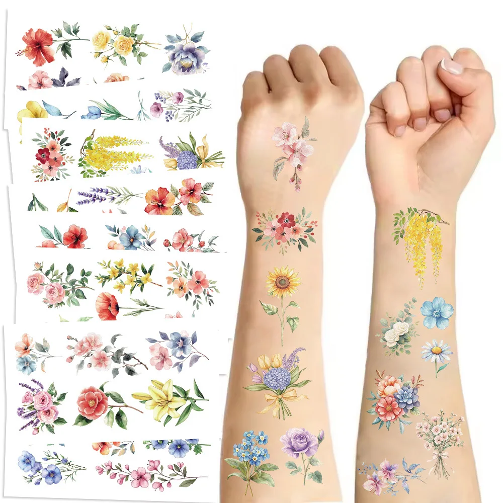 10Pcs/set Colorful Flowers Temporary Tattoo Sticker Waterproof Sunflower Bouquet Art Tattoo Sticker Decoration Party Gift