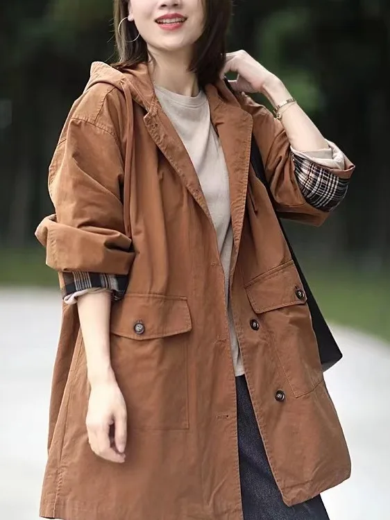 Ele Cotton Hooded Women's Jaet Versatile Loose Slimming Autumn Simple Matching Mid-Length Outerwear Trendy
