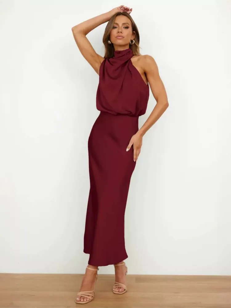 Sexy Off-the-shoulder Halter Sleeveless Satin Dress For Women's New Summer Elegant Cinched-waist Female Banquet Dresses 2025