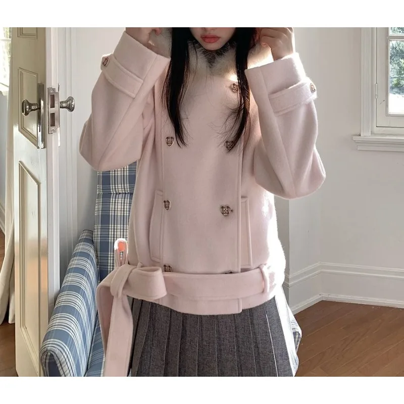 

Korean Version of The Design Sense of Love Double-breasted Hooded Woolen Coat Winter Niche Sweet and Cute Waist Warm Coat