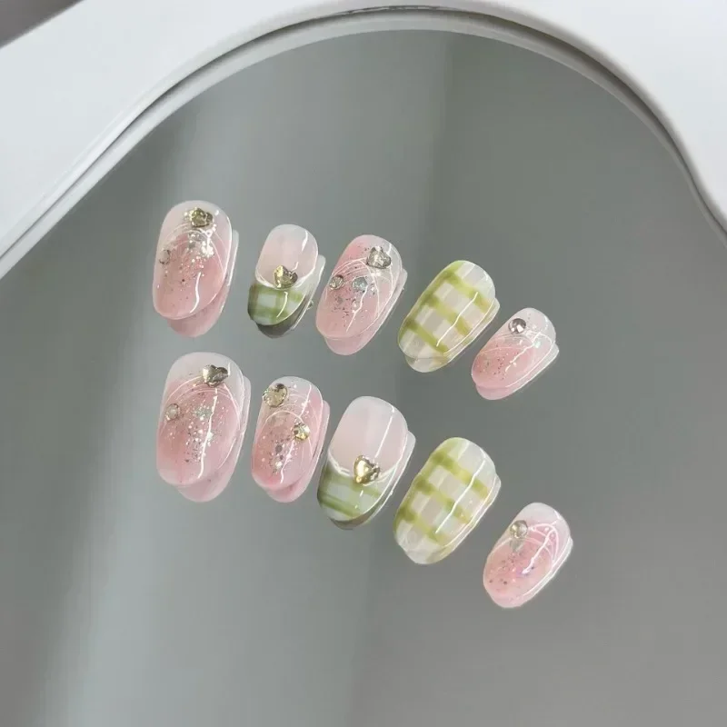 Handmade Short Pink Green Press on Nails French Rhinestone Girl Fake Nail Prosthetic Nail Set Nail Tips Art with Box and Tools