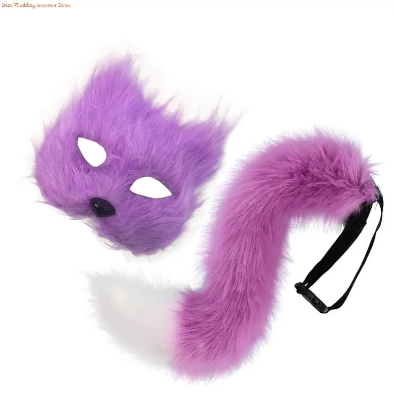 G92D Animal Costume Foxes Mask Cats Half Face Mask Foxes Tail Set Foxes Costumes Accessories for Cosplay Halloween Party