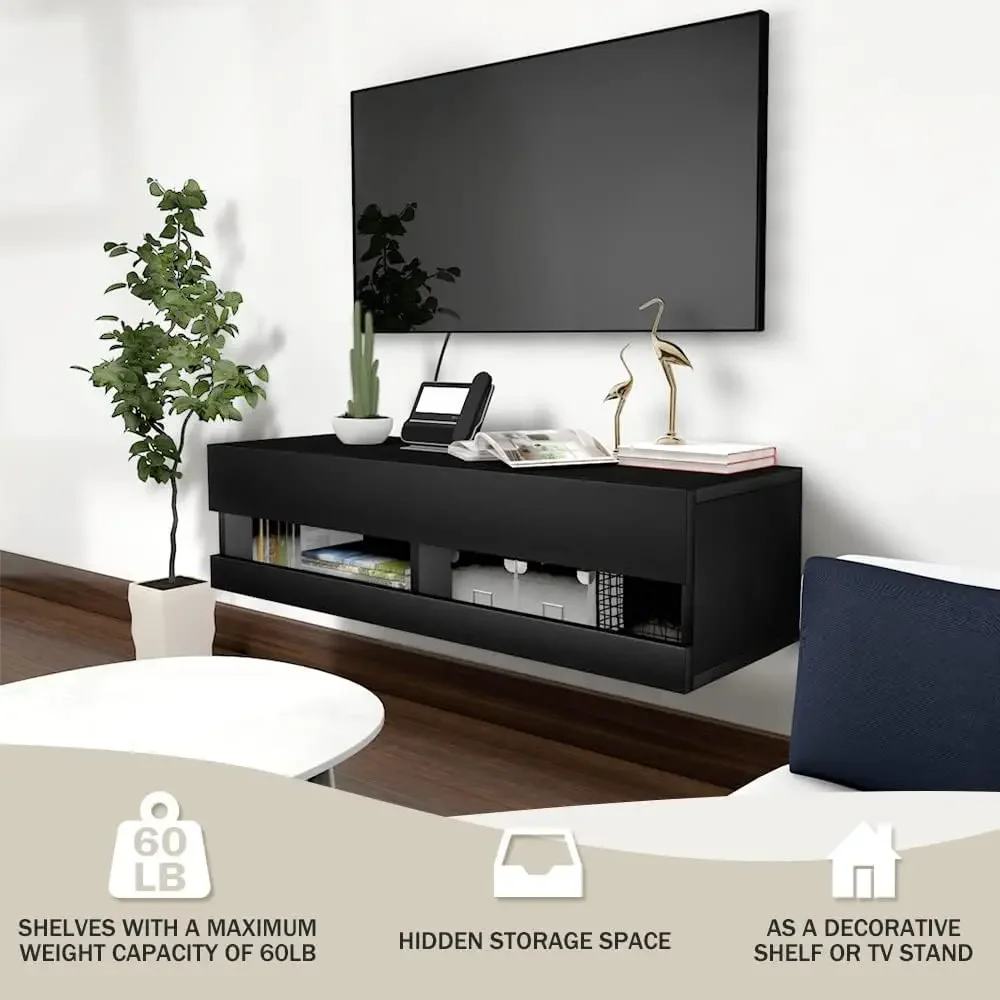 Floating TV Shelf Wall Mounted TV Stand, Floating Entertainment Center Under TV Shelf Floating Media Console with Storage Black image 5